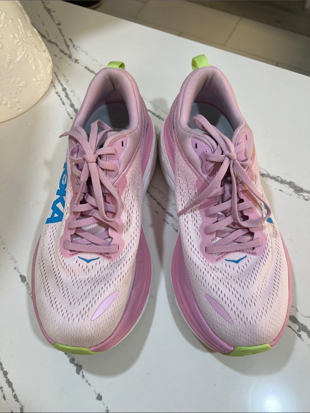 Hoka Bondi 8 Women's Pink and Neon Lime Running Shoes with Blue Logo size 8.5 - Picture 12 of 15